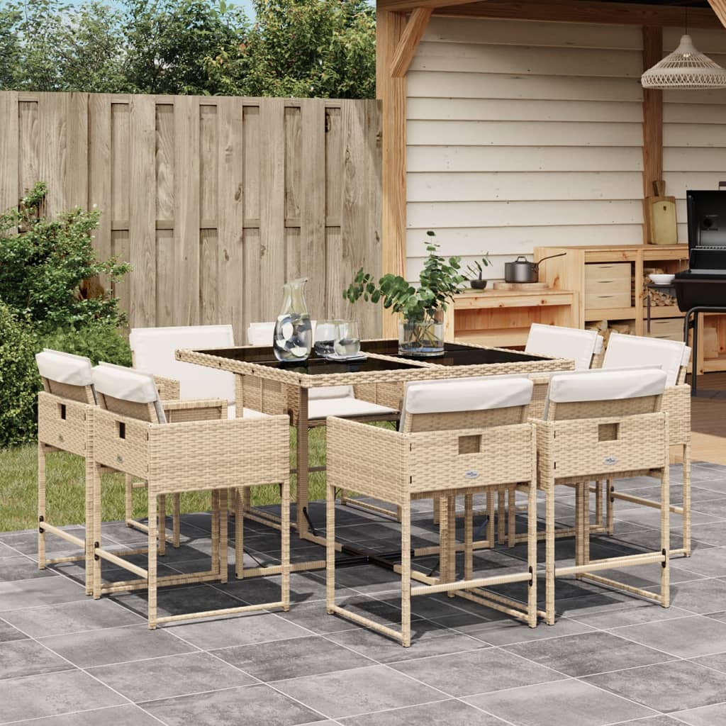 Set da Pranzo da Giardino 9 pz con Cuscini Beige in Polyrattan - homemem39