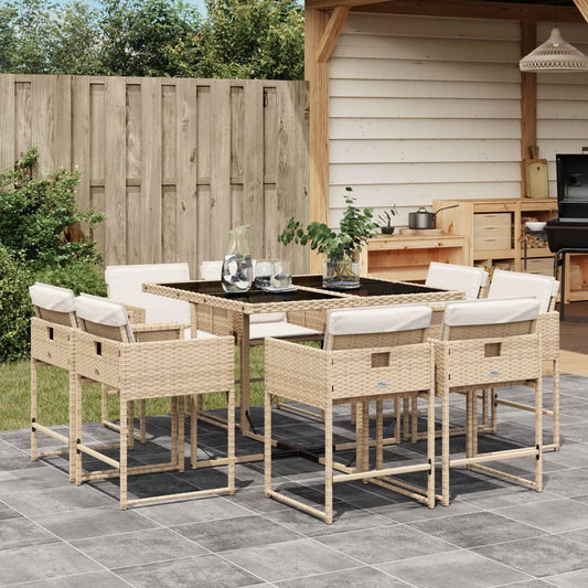 Set da Pranzo da Giardino 9 pz con Cuscini Beige in Polyrattan - homemem39