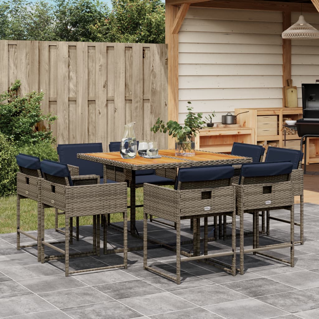 Set da Pranzo da Giardino 9 pz con Cuscini in Polyrattan Grigio - homemem39