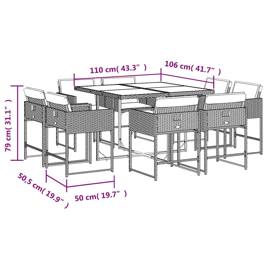 Set da Pranzo da Giardino 9 pz con Cuscini Nero in Polyrattan | homemem39