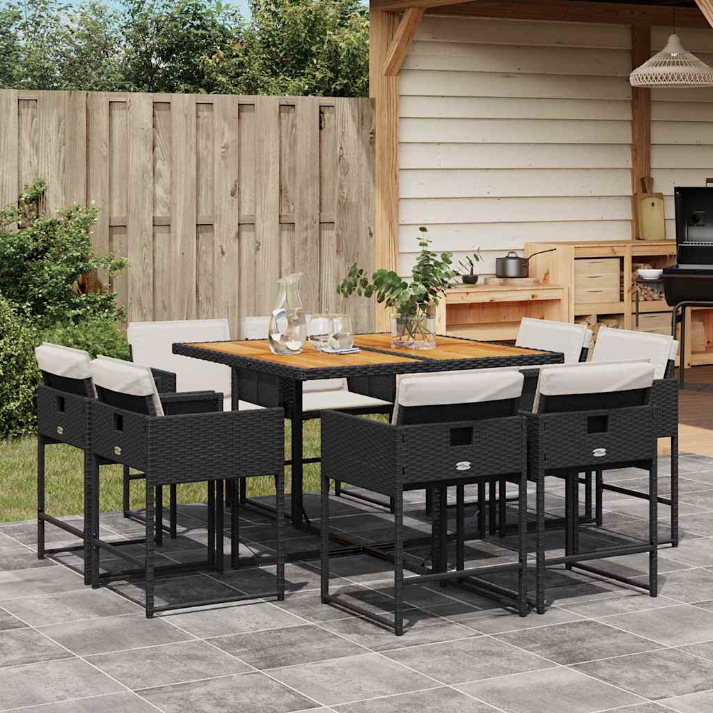 Set da Pranzo da Giardino 9 pz con Cuscini Nero in Polyrattan | homemem39