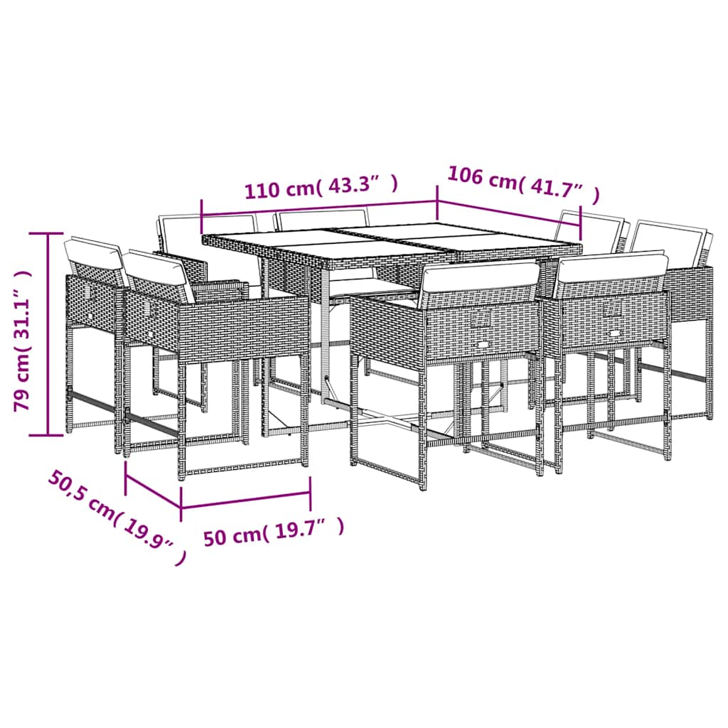 Set da Pranzo da Giardino 9 pz con Cuscini Beige in Polyrattan | homemem39