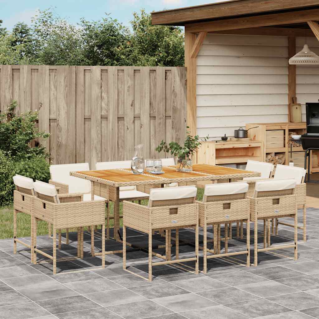 Set da Pranzo da Giardino 11 pz con Cuscini Beige in Polyrattan | homemem39