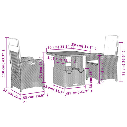 Set da Pranzo da Giardino 3 pz con Cuscini Nero in Polyrattan | homemem39