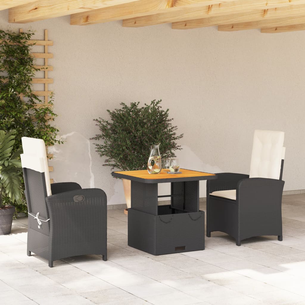 Set da Pranzo da Giardino 3 pz con Cuscini Nero in Polyrattan | homemem39