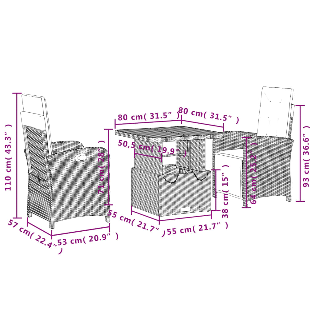 Set da Pranzo da Giardino 3 pz con Cuscini Nero in Polyrattan | homemem39