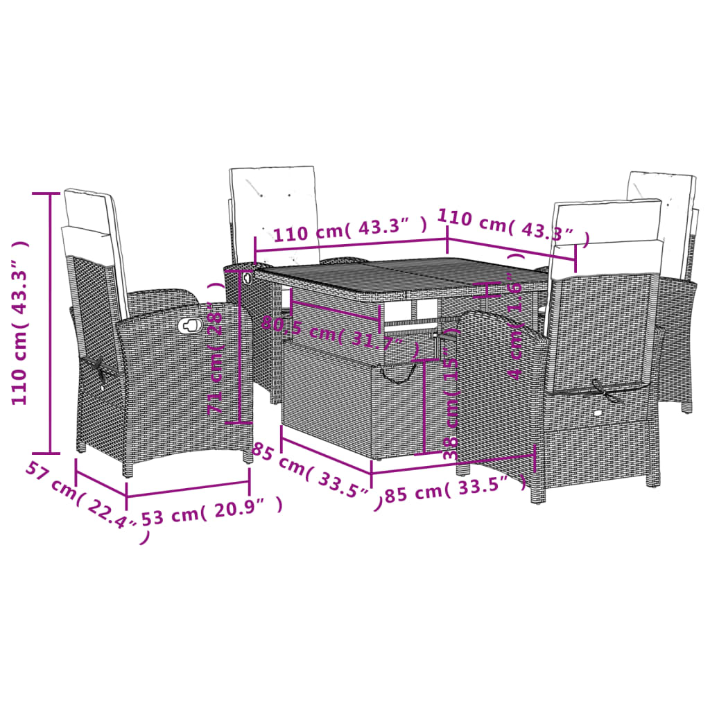 Set da Pranzo da Giardino 5 pz Nero con Cuscini in Polyrattan | homemem39