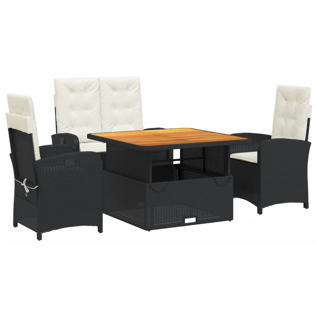 Set da Pranzo da Giardino 4 pz con Cuscini Nero in Polyrattan | homemem39