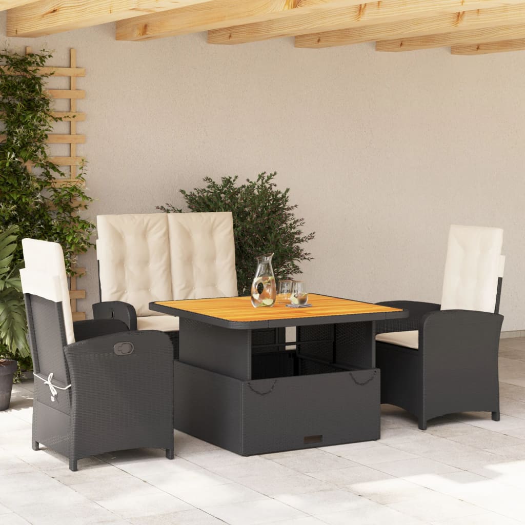 Set da Pranzo da Giardino 4 pz con Cuscini Nero in Polyrattan | homemem39