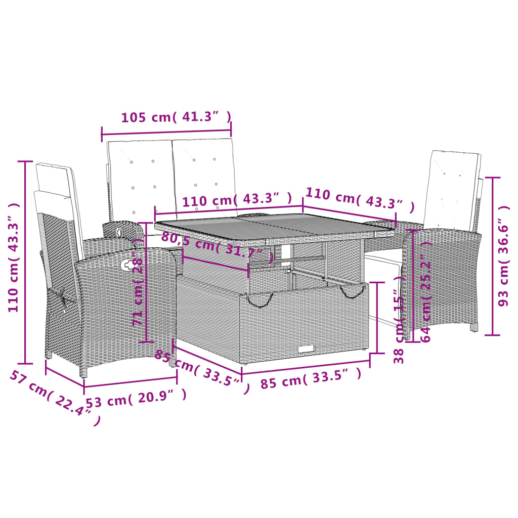 Set da Pranzo da Giardino 4 pz con Cuscini Nero in Polyrattan - homemem39