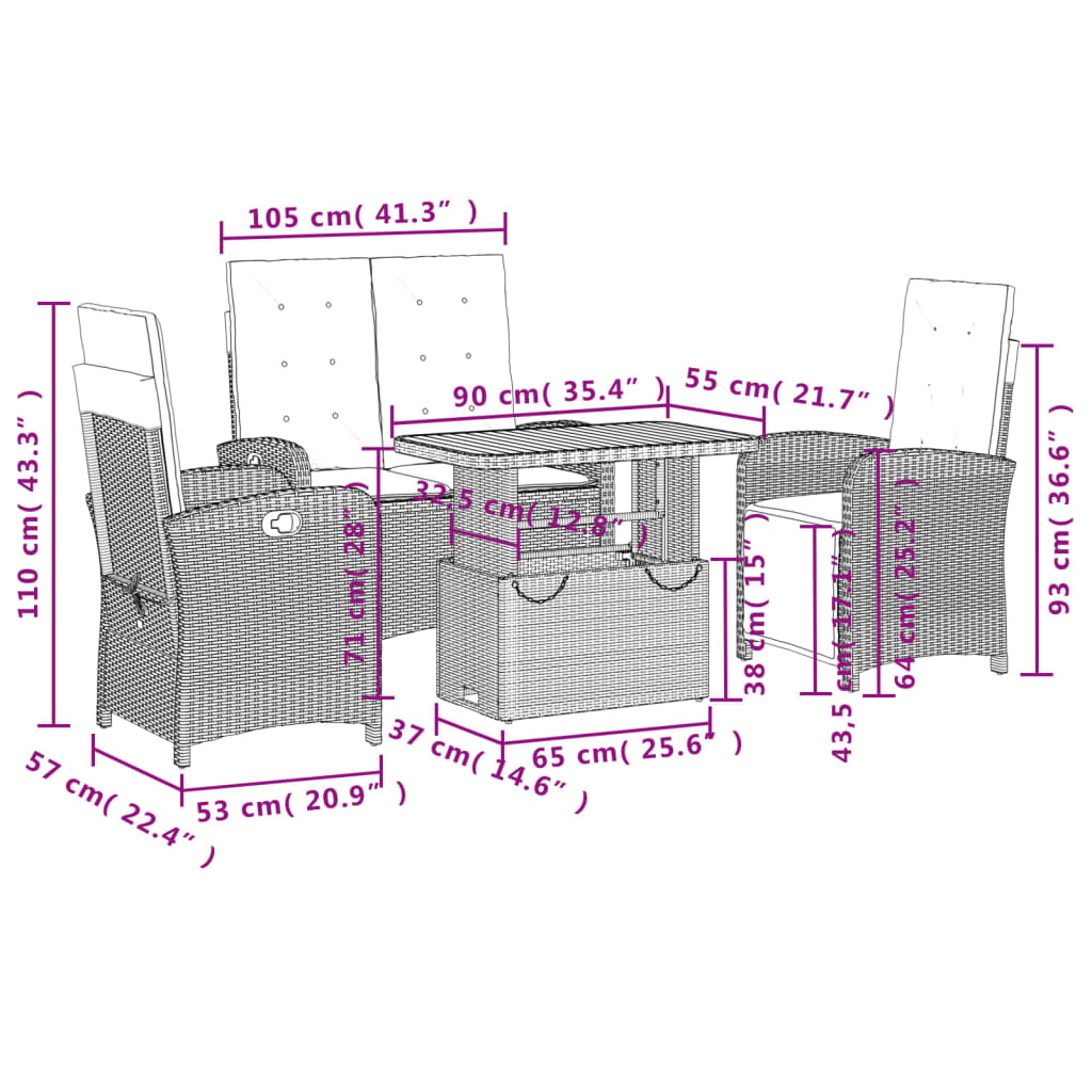 Set da Pranzo da Giardino 4 pz con Cuscini Nero in Polyrattan - homemem39