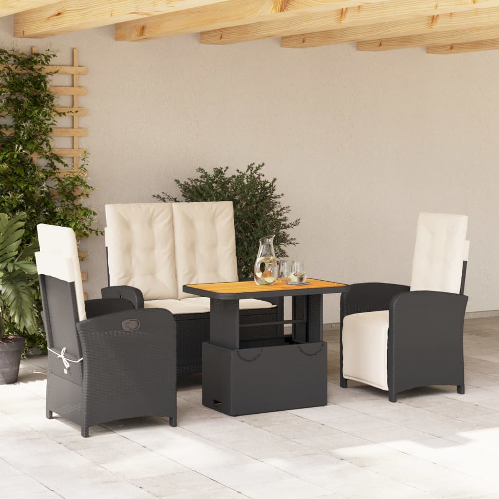 Set da Pranzo da Giardino 4 pz con Cuscini Nero in Polyrattan | homemem39