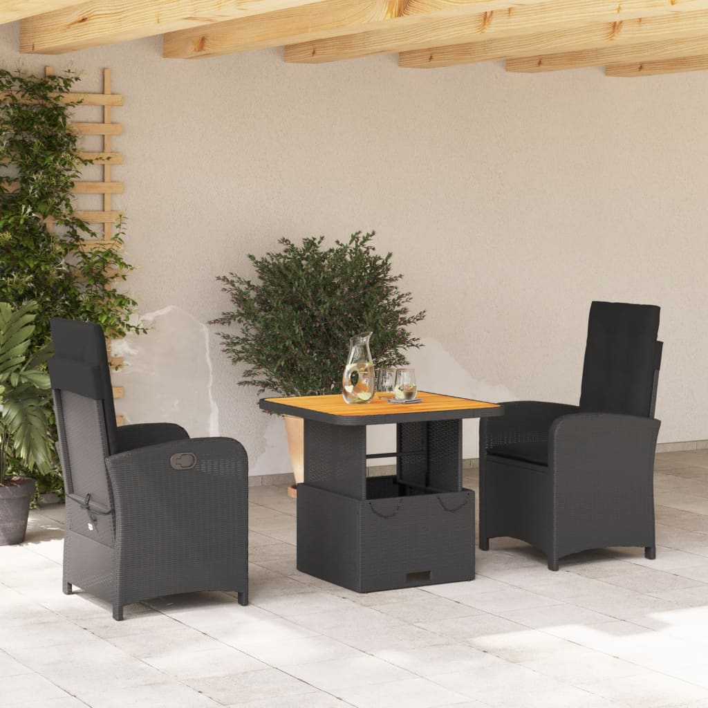 Set da Pranzo da Giardino 3 pz con Cuscini Nero in Polyrattan | homemem39
