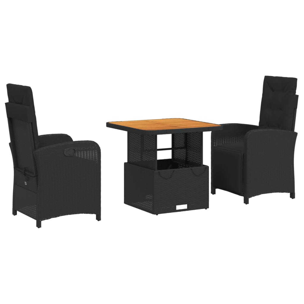 Set da Pranzo da Giardino 3 pz con Cuscini Nero in Polyrattan | homemem39