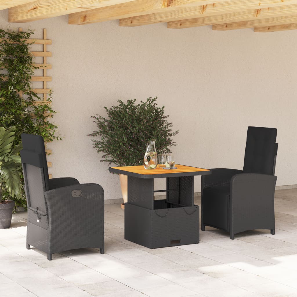 Set da Pranzo da Giardino 3 pz con Cuscini Nero in Polyrattan - homemem39
