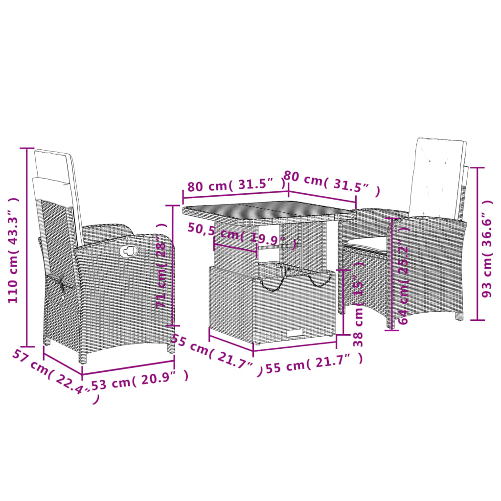 Set da Pranzo da Giardino 3 pz con Cuscini in Polyrattan Grigio - homemem39