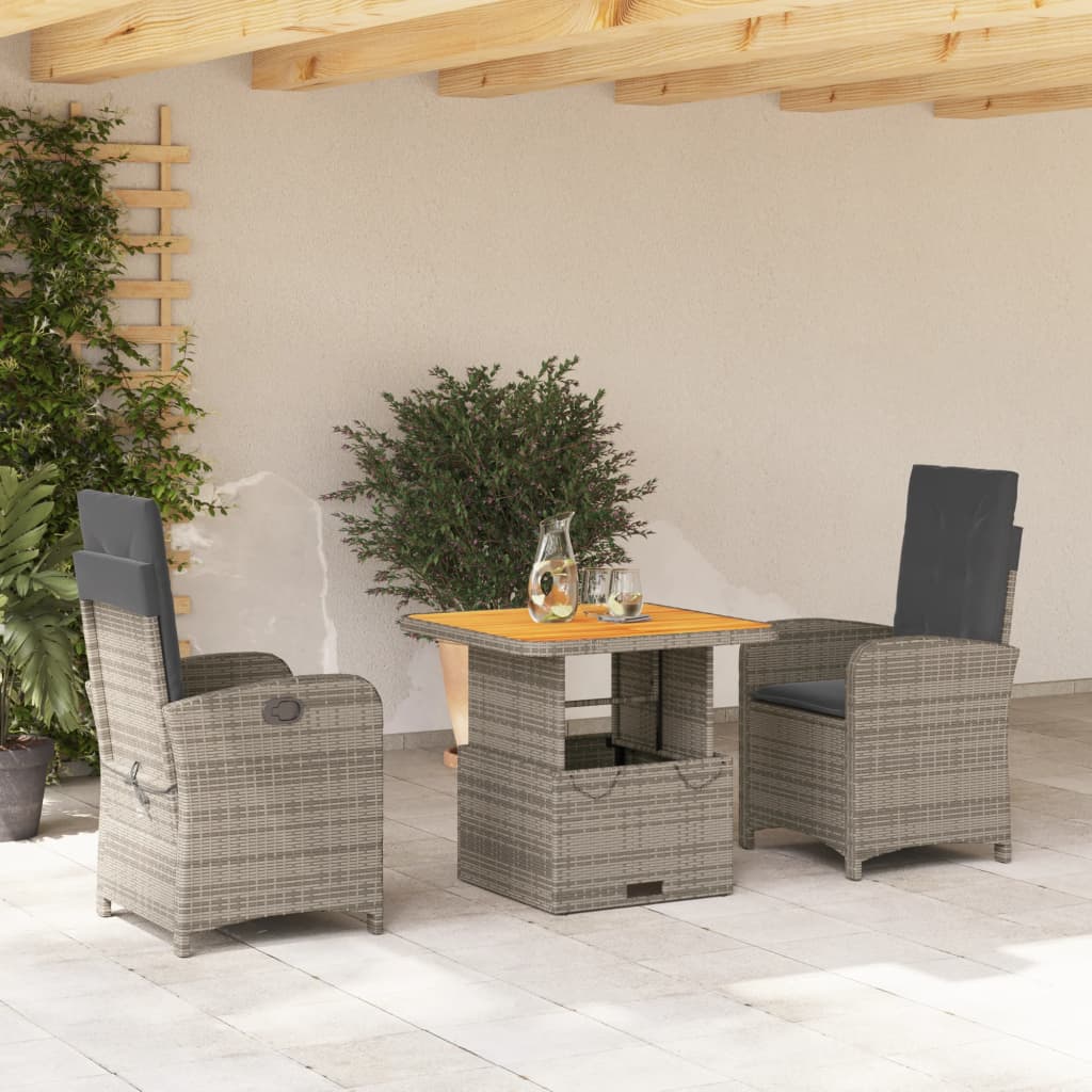 Set da Pranzo da Giardino 3 pz con Cuscini in Polyrattan Grigio - homemem39