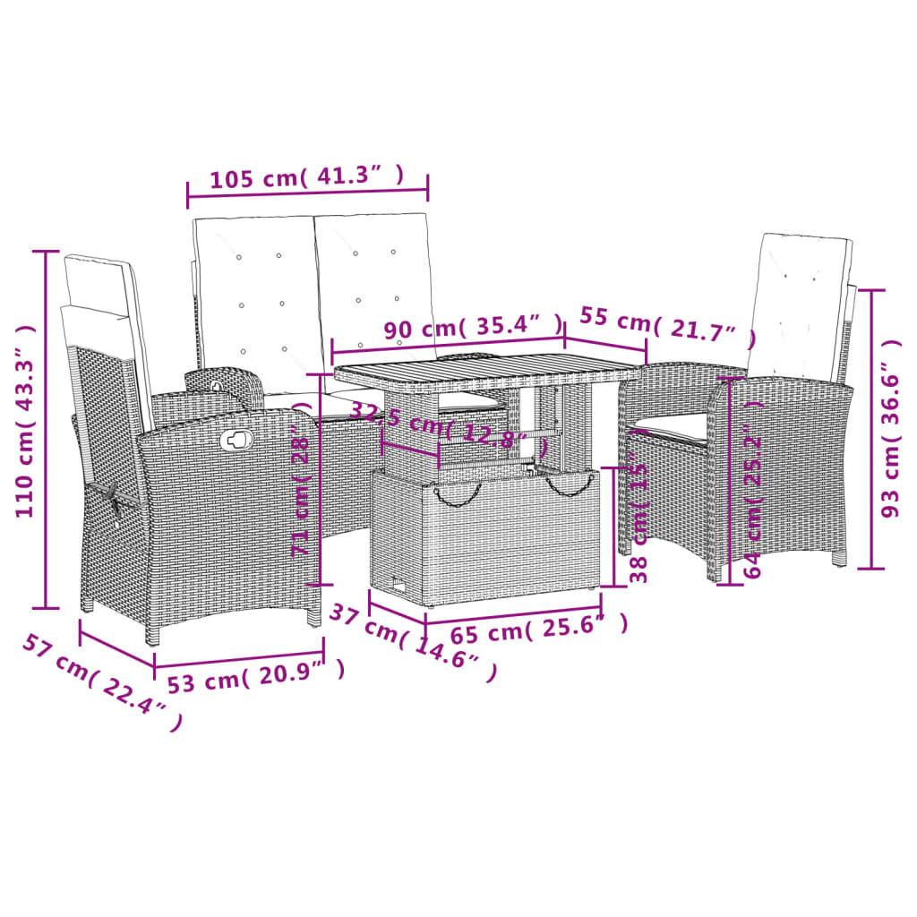 Set da Pranzo da Giardino 4 pz con Cuscini in Polyrattan Grigio | homemem39