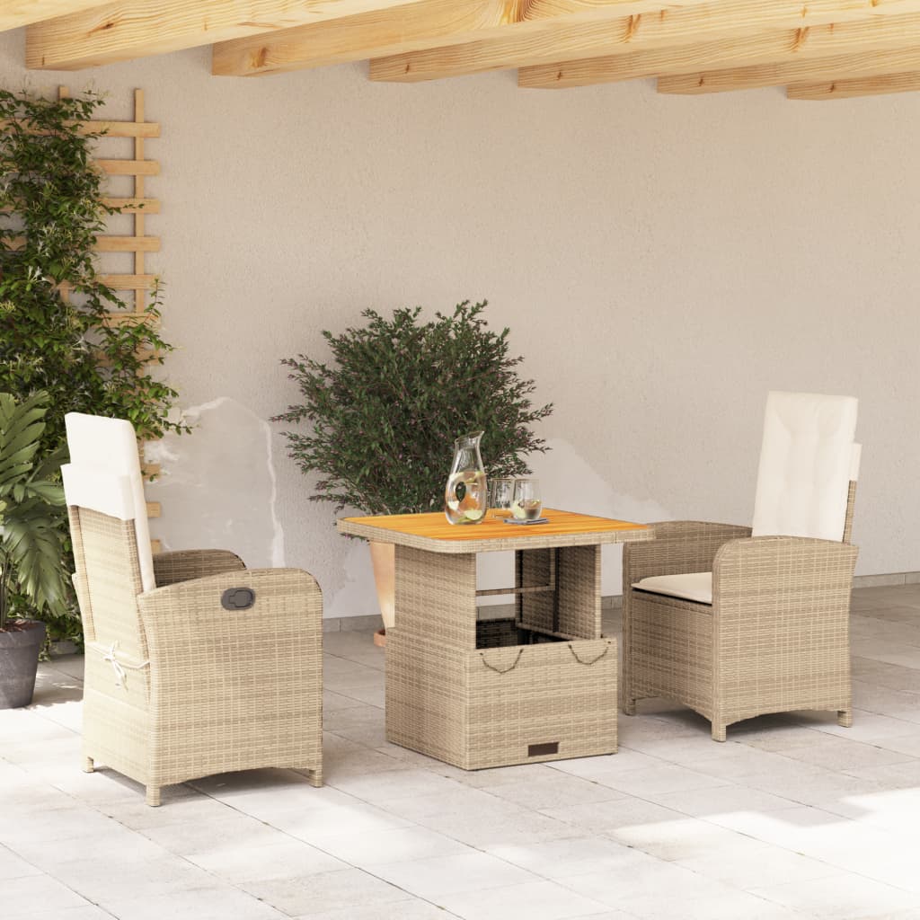 Set da Pranzo da Giardino 3 pz con Cuscini Beige in Polyrattan - homemem39