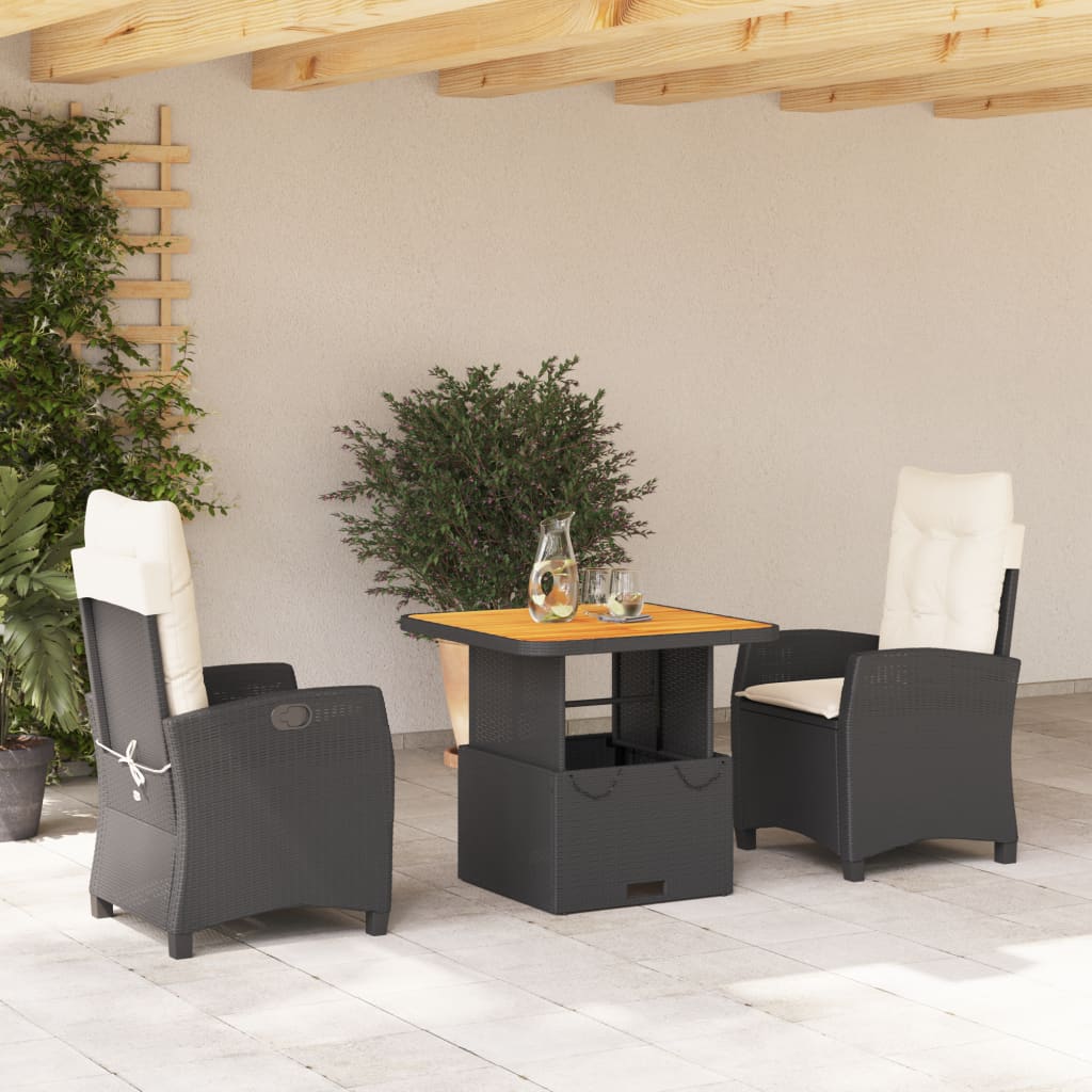 Set da Pranzo da Giardino 3 pz con Cuscini Nero in Polyrattan - homemem39