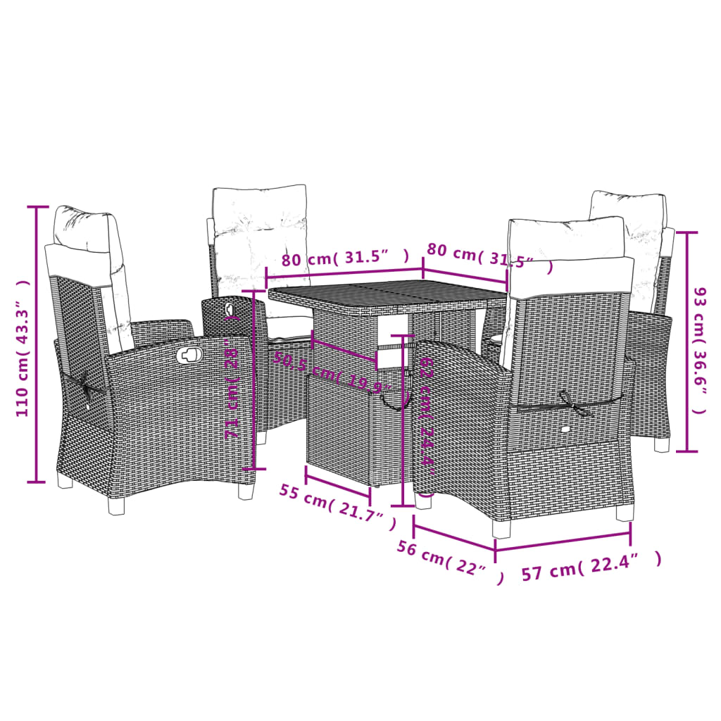 Set da Pranzo da Giardino 5 pz Nero con Cuscini in Polyrattan - homemem39