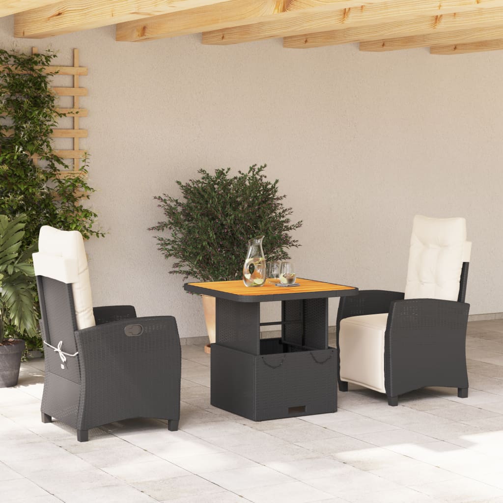 Set da Pranzo da Giardino 3 pz con Cuscini Nero in Polyrattan | homemem39