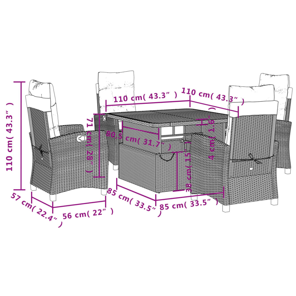 Set da Pranzo da Giardino 5 pz Nero con Cuscini in Polyrattan - homemem39