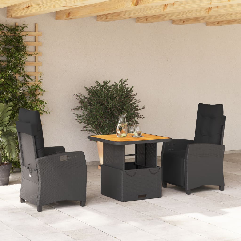 Set da Pranzo da Giardino 3 pz con Cuscini Nero in Polyrattan - homemem39