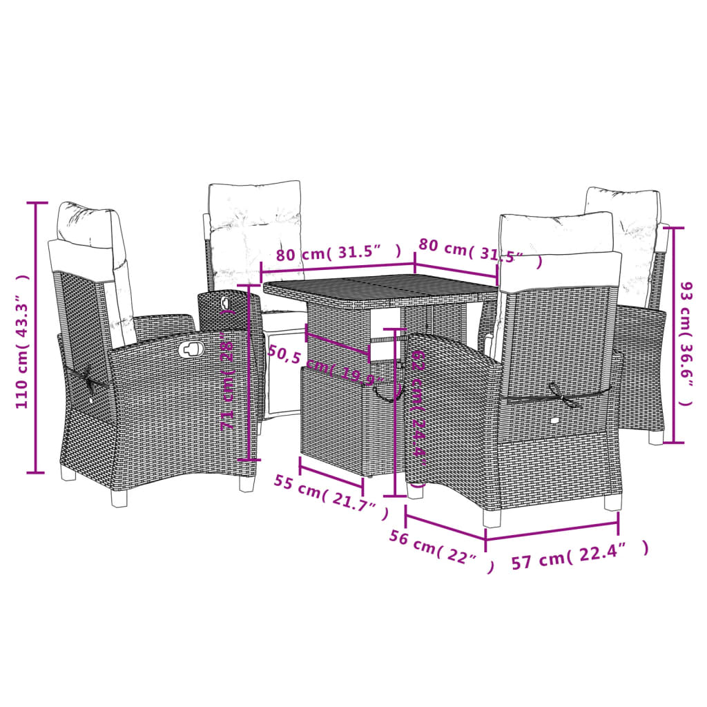 Set da Pranzo da Giardino 5 pz Nero con Cuscini in Polyrattan | homemem39