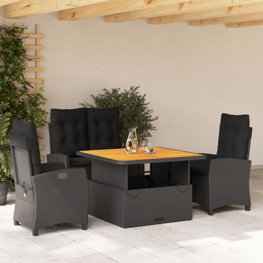 Set da Pranzo da Giardino 4 pz con Cuscini Nero in Polyrattan | homemem39