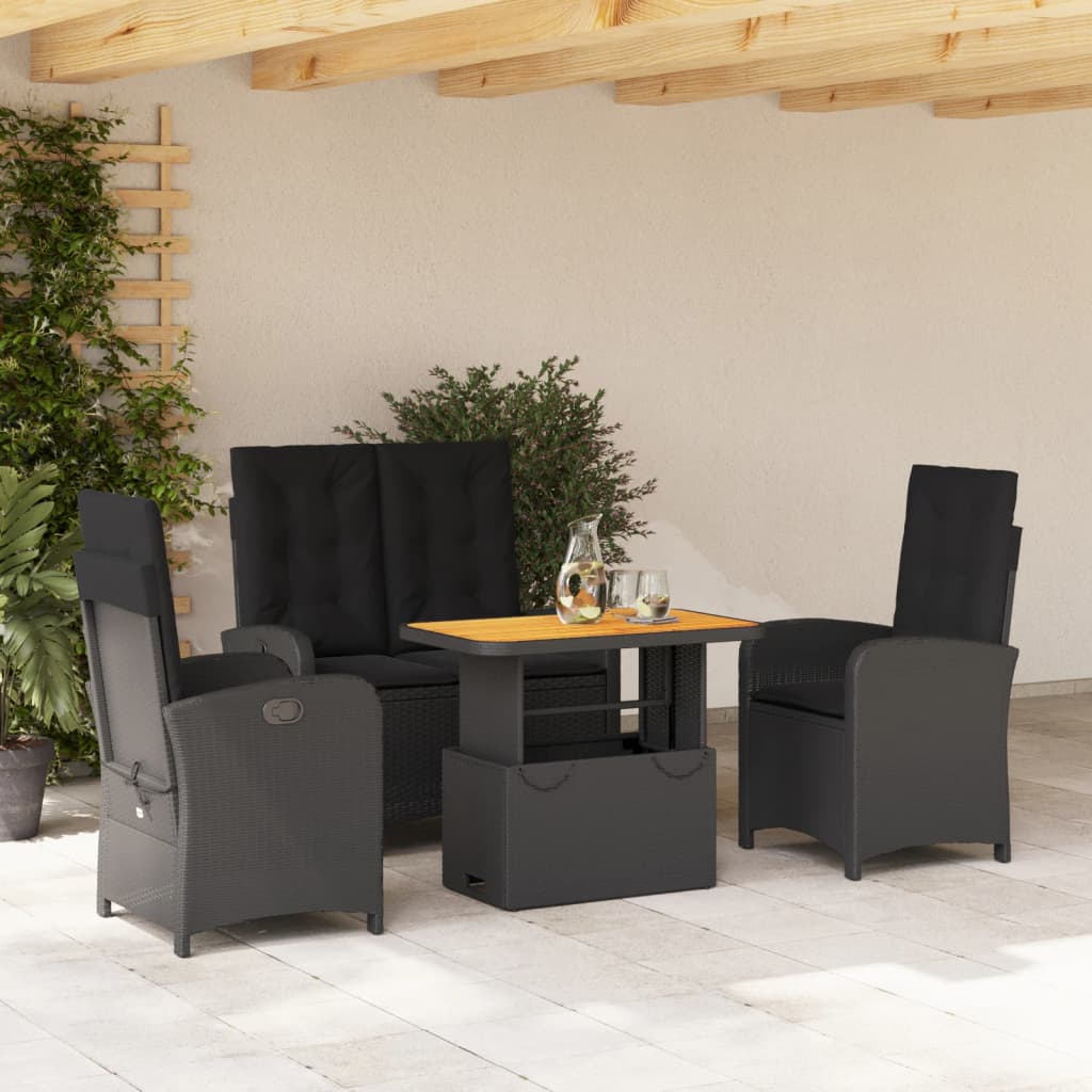 Set da Pranzo da Giardino 4 pz con Cuscini Nero in Polyrattan | homemem39