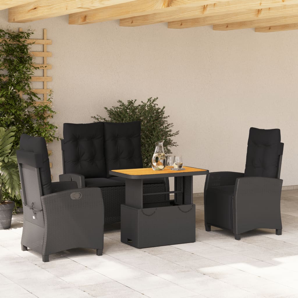 Set da Pranzo da Giardino 4 pz con Cuscini Nero in Polyrattan - homemem39
