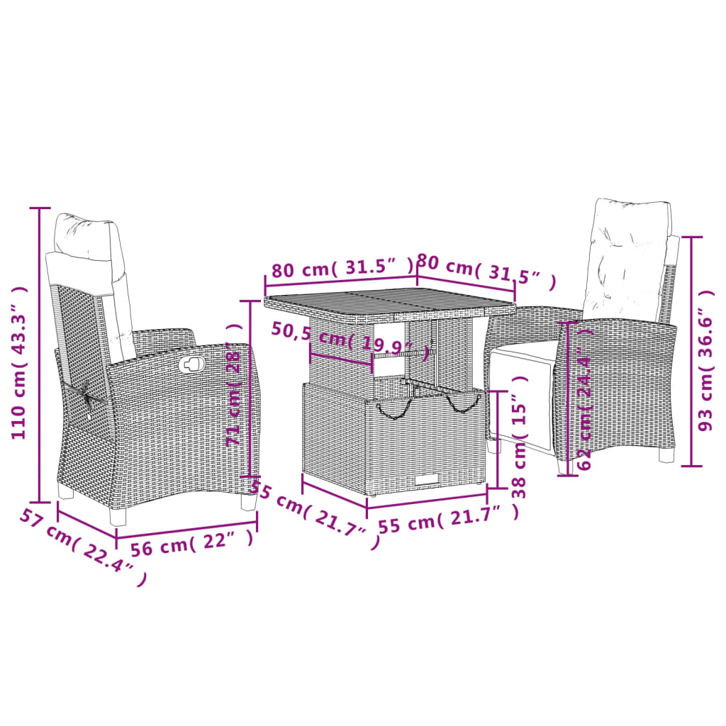 Set da Pranzo da Giardino 3 pz con Cuscini in Polyrattan Grigio | homemem39
