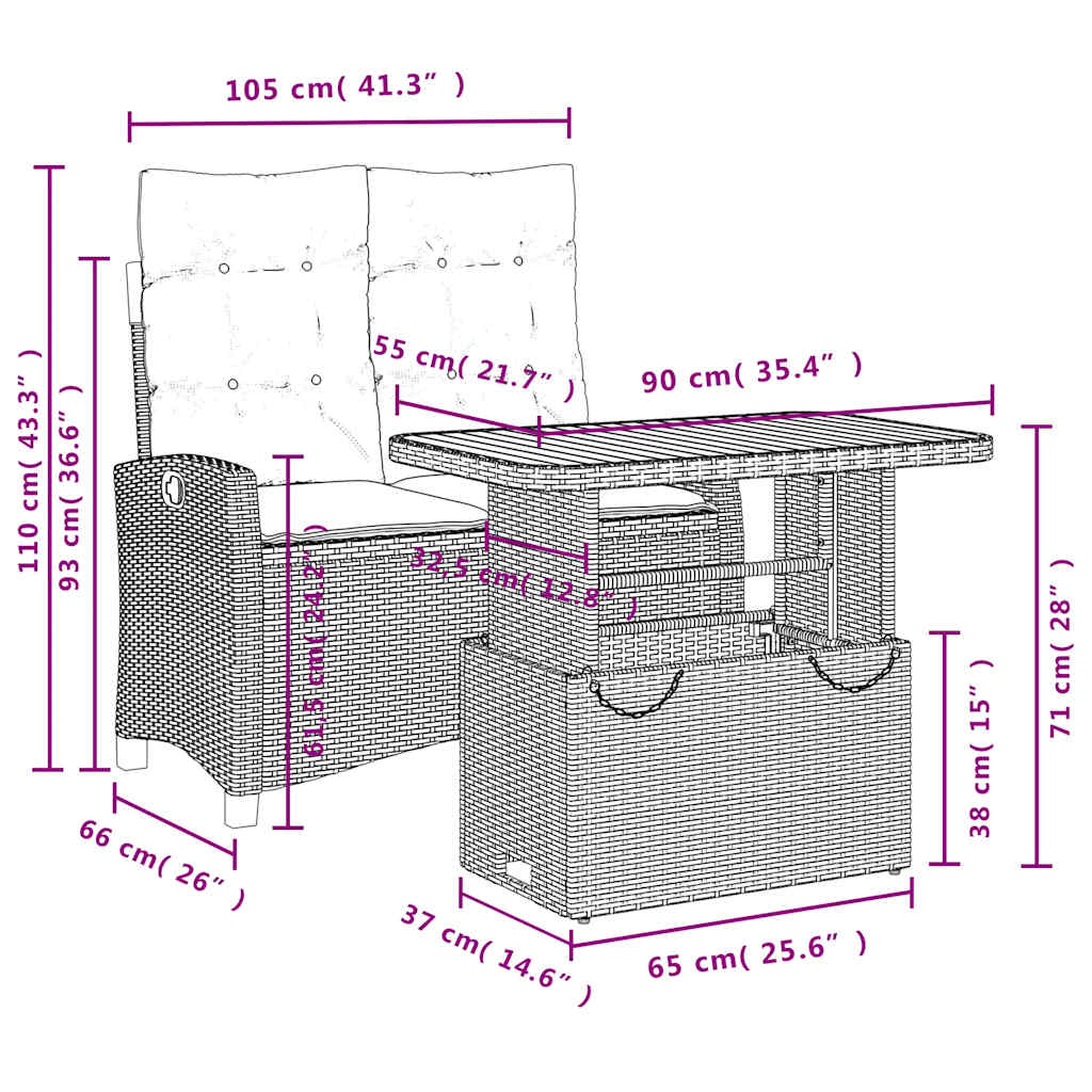 Set da Pranzo da Giardino 2 pz con Cuscini in Polyrattan Grigio | homemem39