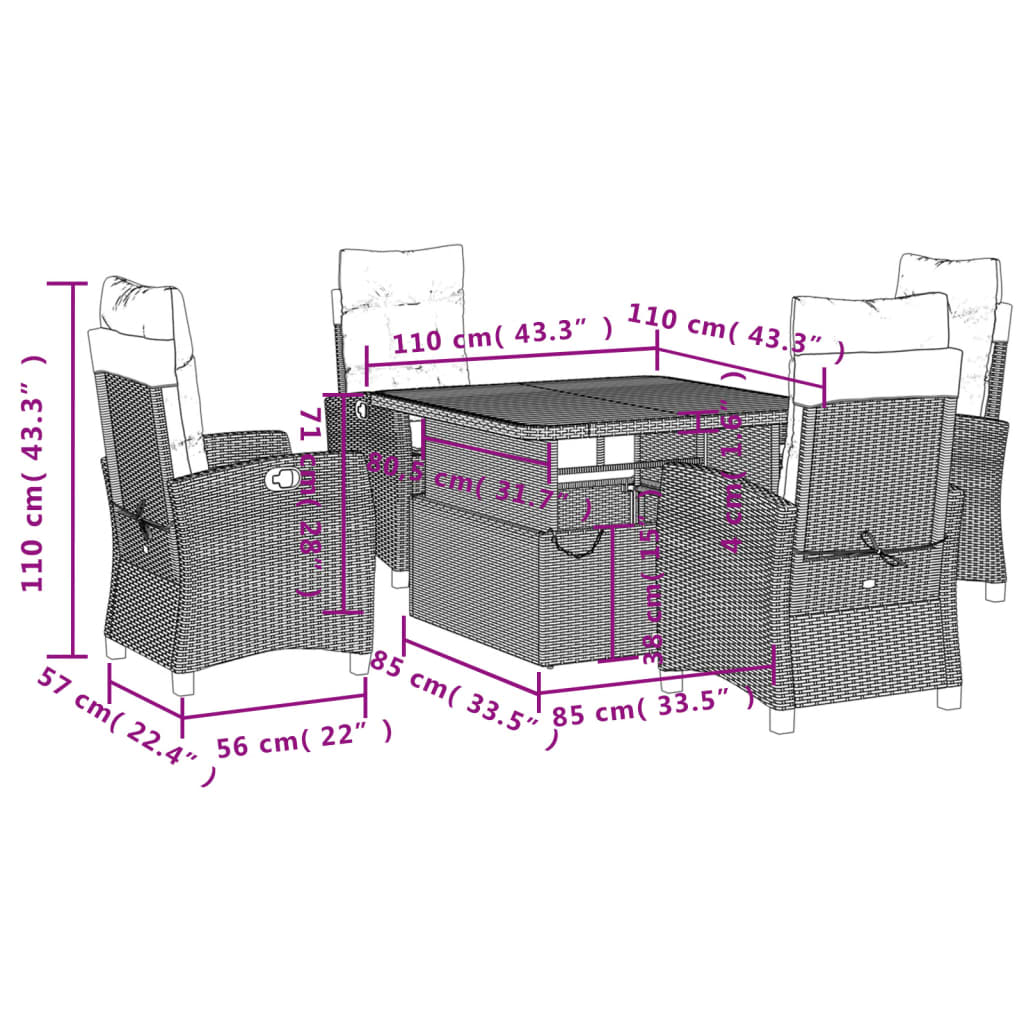 Set da Pranzo da Giardino 5 pz con Cuscini Beige in Polyrattan | homemem39