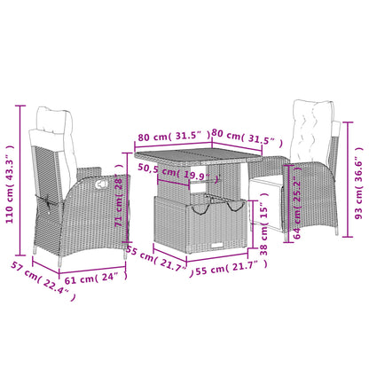 Set da Pranzo da Giardino 3 pz con Cuscini Nero in Polyrattan | homemem39