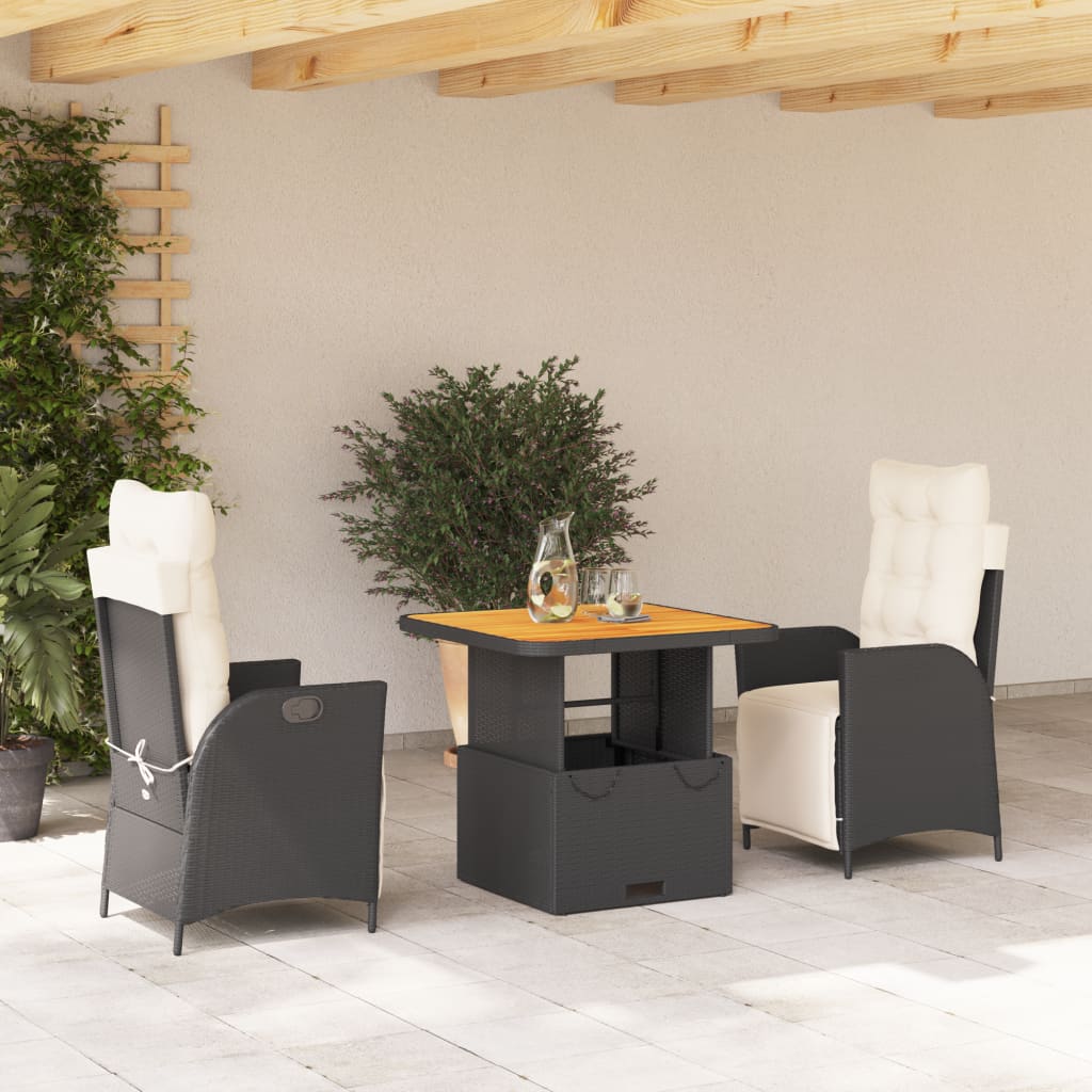 Set da Pranzo da Giardino 3 pz con Cuscini Nero in Polyrattan | homemem39