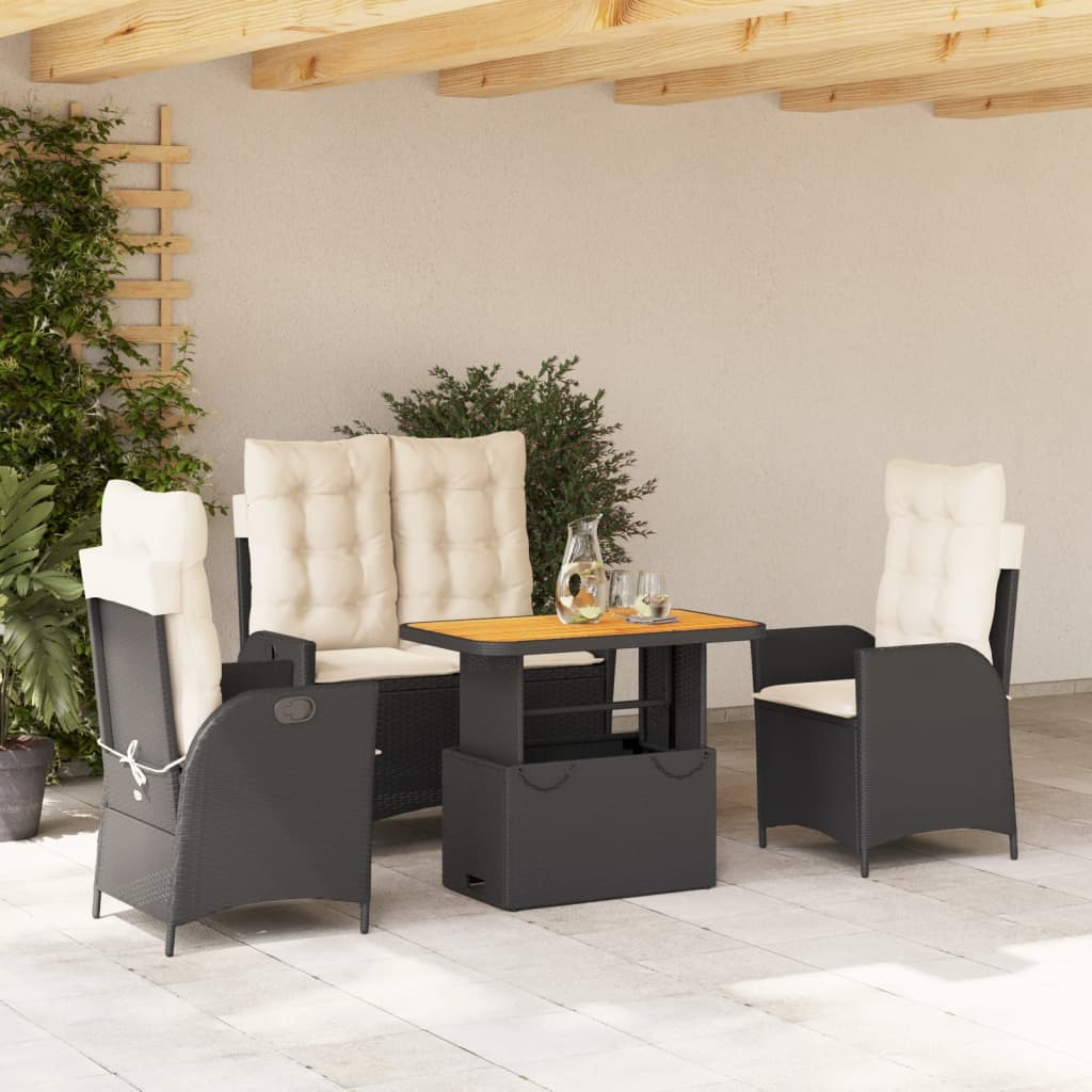 Set da Pranzo da Giardino 4 pz con Cuscini Nero in Polyrattan - homemem39