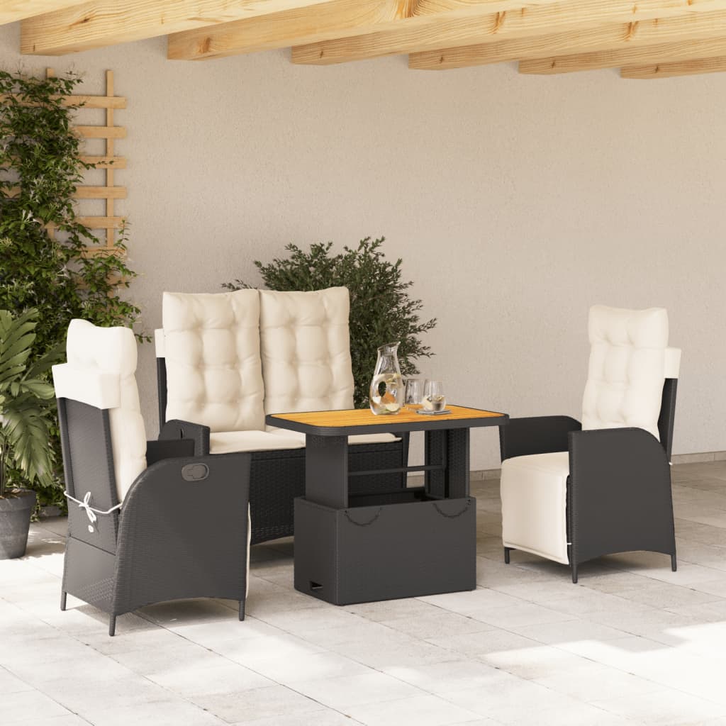 Set da Pranzo da Giardino 4 pz con Cuscini Nero in Polyrattan | homemem39