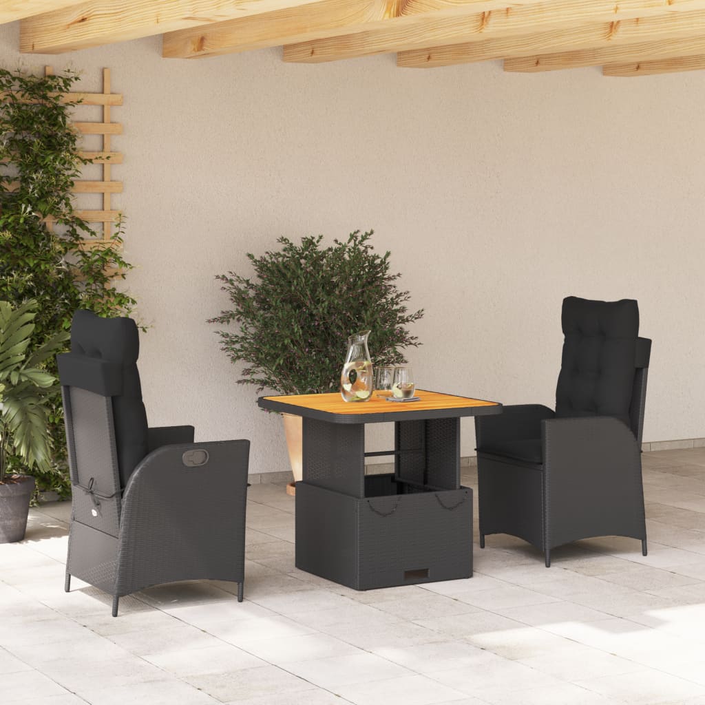 Set da Pranzo da Giardino 3 pz con Cuscini Nero in Polyrattan - homemem39