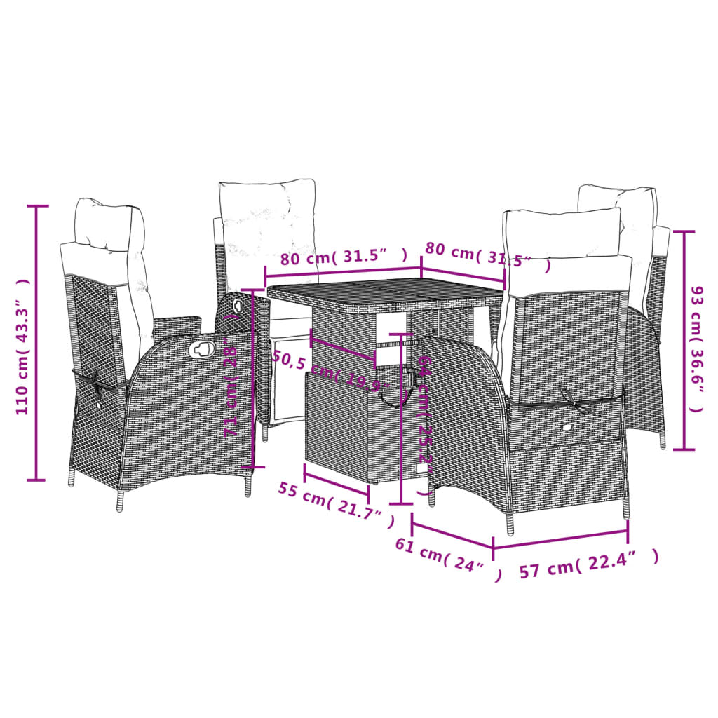 Set da Pranzo da Giardino 5 pz Nero con Cuscini in Polyrattan | homemem39