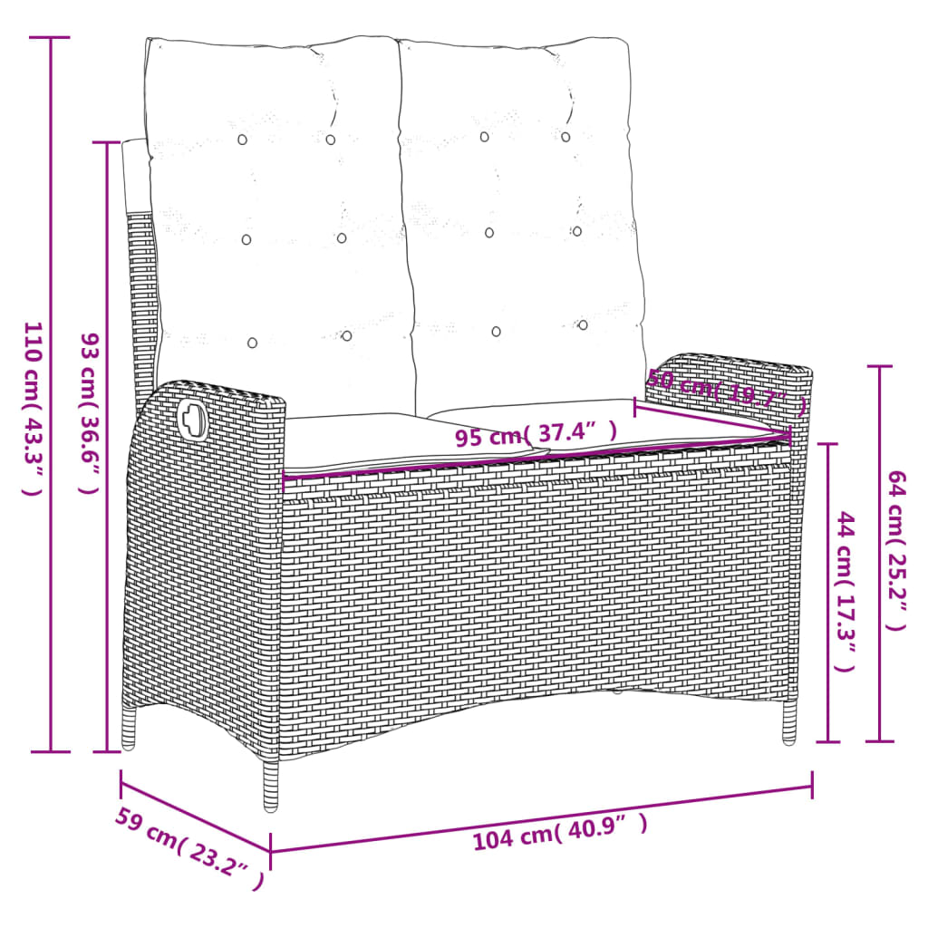 Set da Pranzo da Giardino 2 pz con Cuscini Nero in Polyrattan | homemem39