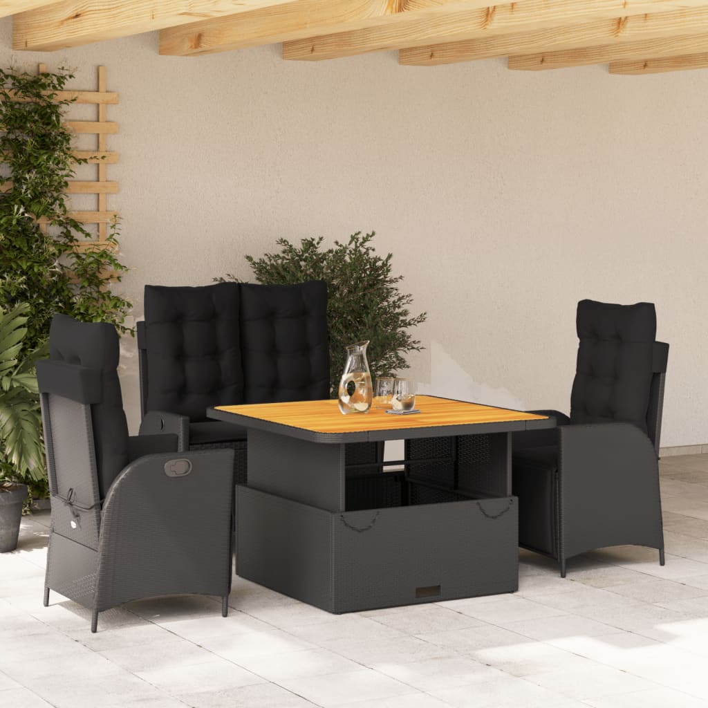 Set da Pranzo da Giardino 4 pz con Cuscini Nero in Polyrattan | homemem39