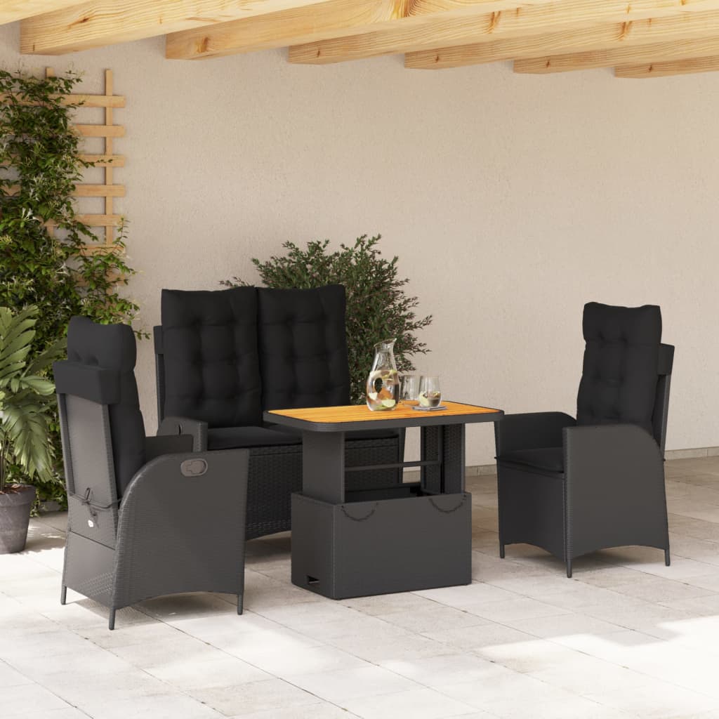 Set da Pranzo da Giardino 4 pz con Cuscini Nero in Polyrattan - homemem39