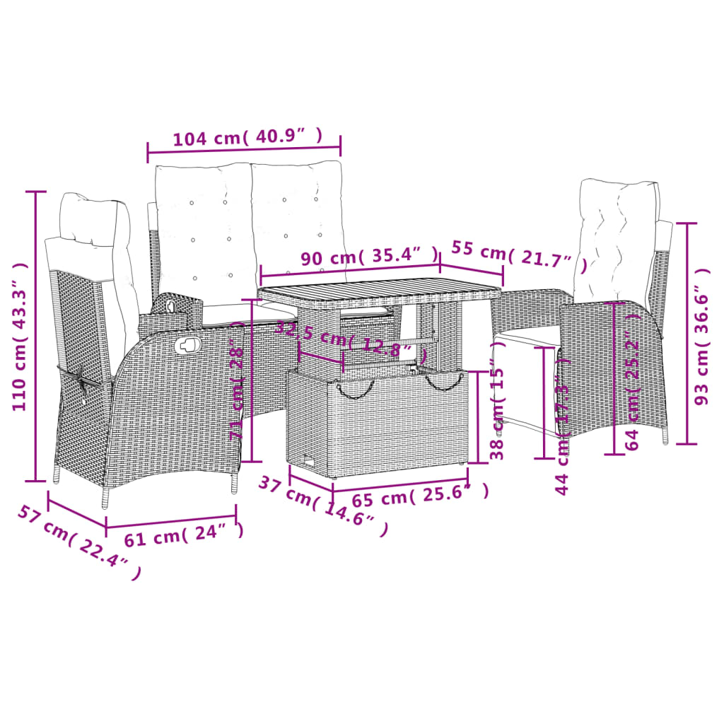 Set da Pranzo da Giardino 4 pz con Cuscini Nero in Polyrattan - homemem39