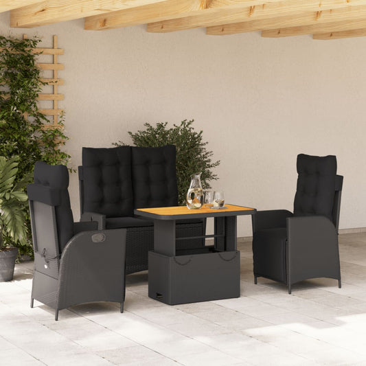 Set da Pranzo da Giardino 4 pz con Cuscini Nero in Polyrattan - homemem39