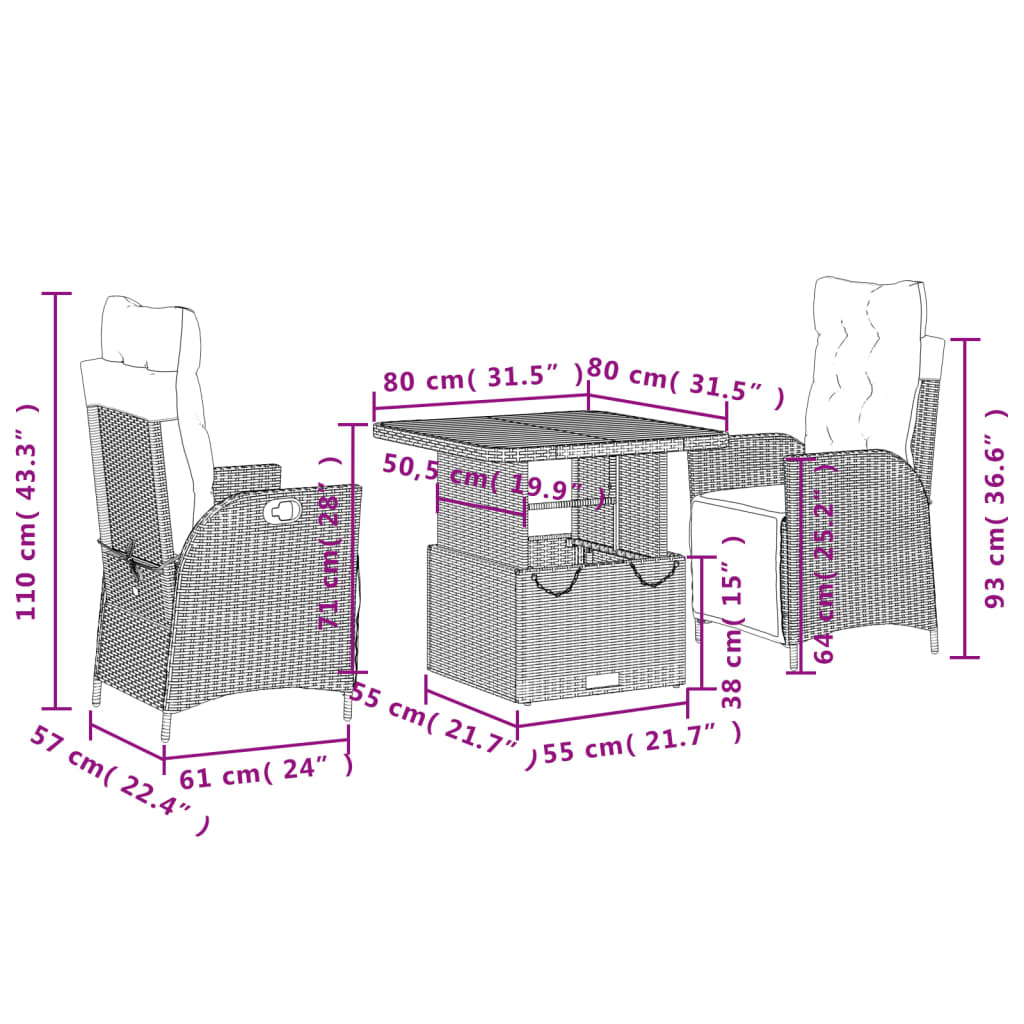 Set da Pranzo da Giardino 3 pz con Cuscini in Polyrattan Grigio | homemem39
