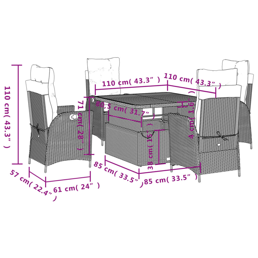 Set da Pranzo da Giardino 5 pz con Cuscini in Polyrattan Grigio | homemem39
