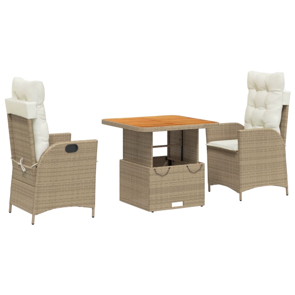 Set da Pranzo da Giardino 3 pz con Cuscini Beige in Polyrattan