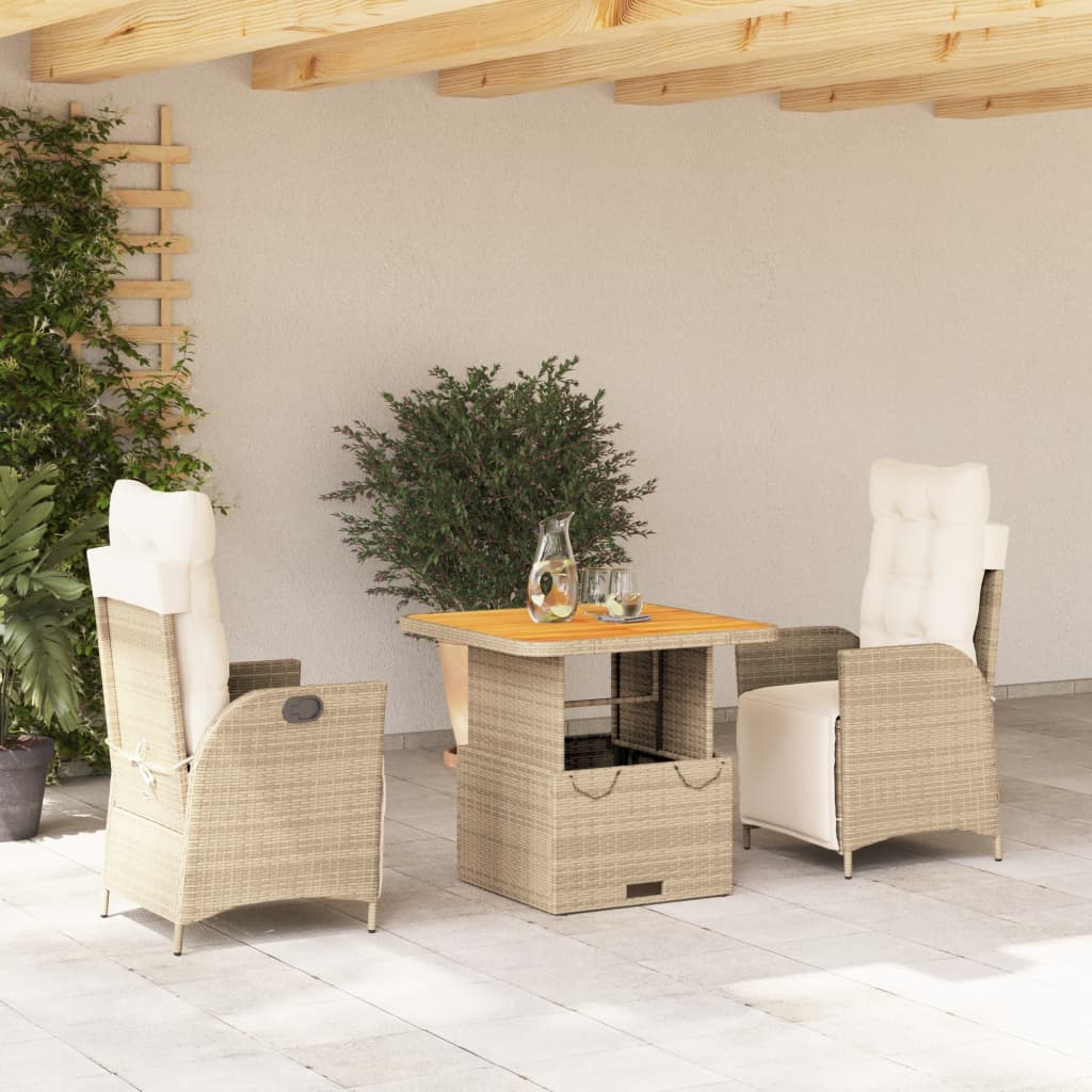 Set da Pranzo da Giardino 3 pz con Cuscini Beige in Polyrattan - homemem39